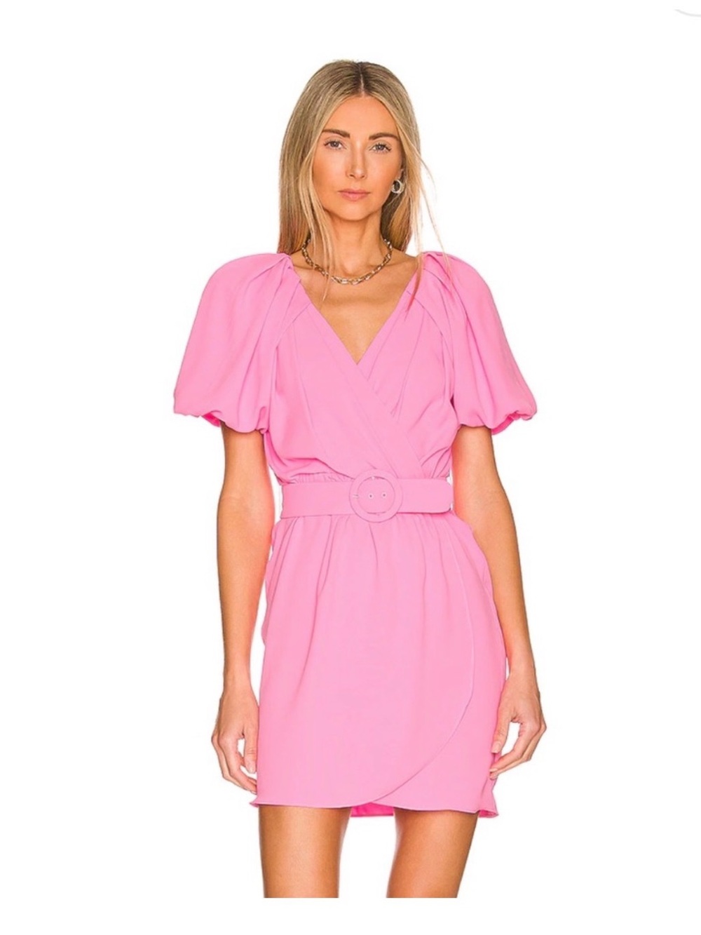 Amanda Uprichard Pink Puff-Sleeve Belted Mini Dress